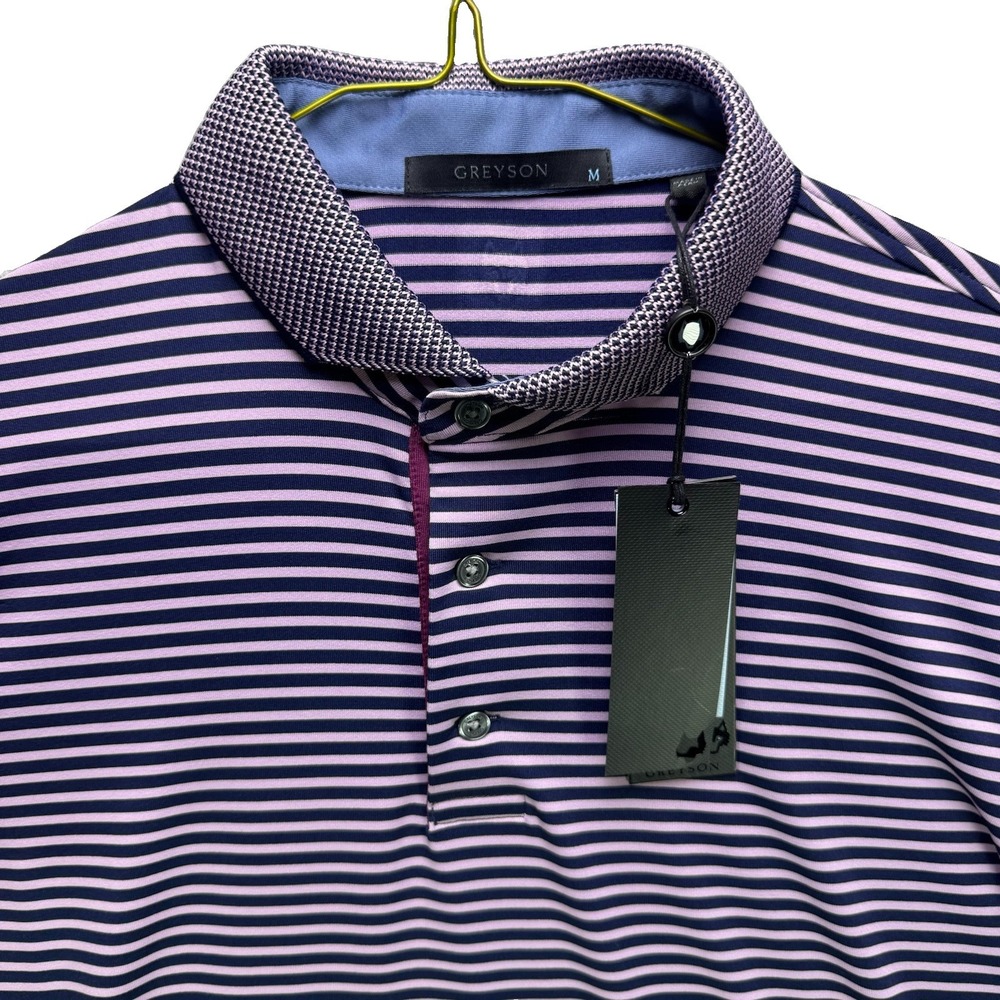Greyson Polo Shirt Mens Medium Blue Purple Striped Gannett Golf Short Sleeve NWT